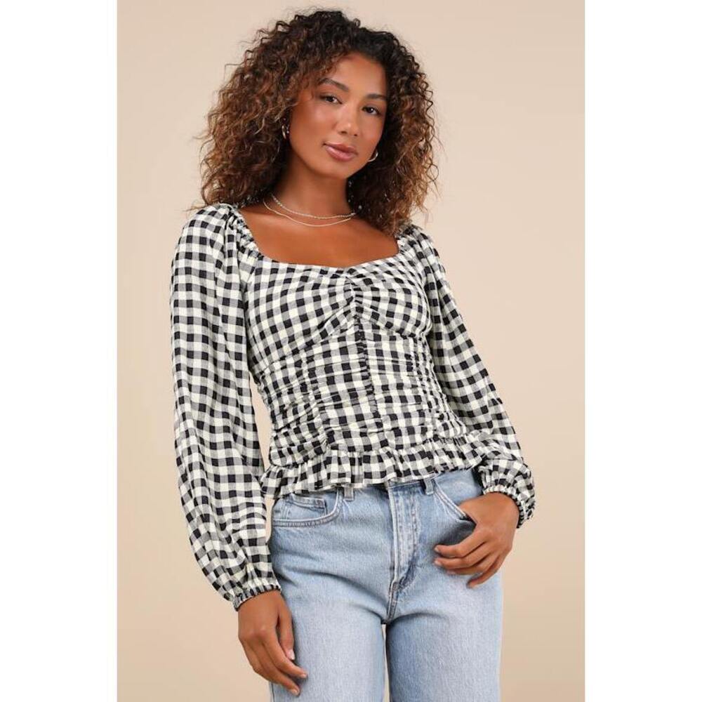 Lulus Cutest Beauty Black And White Gingham Ruched Balloon Sleeve Top - Size XS